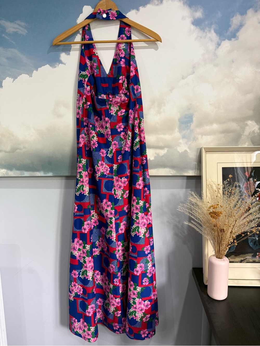 Vintage Floral Halter Maxi Dress - Bold Blue Pink Floral Geometric Print S/M fit - Picture 7 of 11